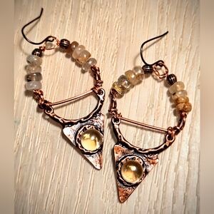 Iron Age-inspired Natural Citrine In Antique Copper Artisan Handwired Earrings